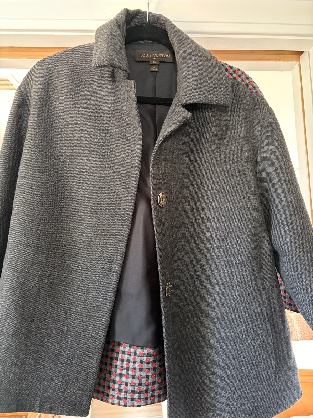 Louis Vuitton Gray Wool Coat with Red Check Accents
